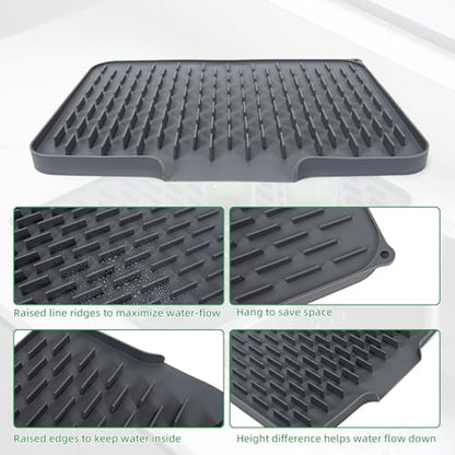 LONGKING Grey Non-Slip Dish Drying Mat - Multi-Use Silicone Mat & Dish Drying Rack for Kitchen Counter