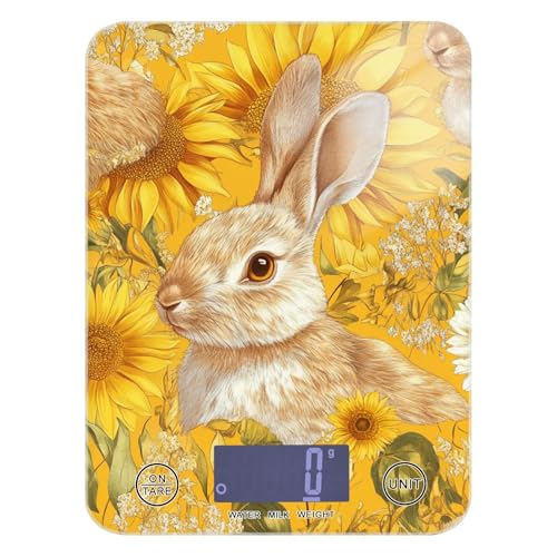 Yellow Sunflowers Bunny Food Scale Kitchen Digital Scale Food Ounces and Grams Dieting Baking Cooking Waterproof Glass Panels LCD Display,4 Units Tare Function - color: Yellow Rabbit Sunflower