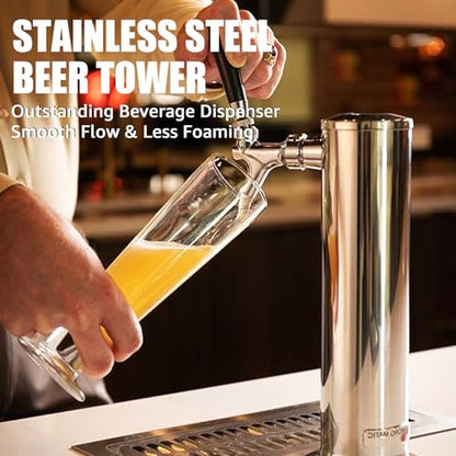 Kegerator Tower Single Tap Beer Tower Dispenser, Draft Beer Tap Tower Kegerator Parts, Upgraded 3" Flange Keg Tower with Pre-Assembled Tubing & Self-Closing Brass Beer Faucet Stainless Core