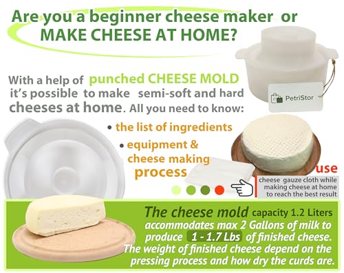 PetriStor Cheese Mold for Cheese Making Cheese with Follower Piston 1.3QT and Cheesecloth - Cheese Form Mold - Cheese Making Basket - Paneer Cheese Press Mold - Molde Para Queso