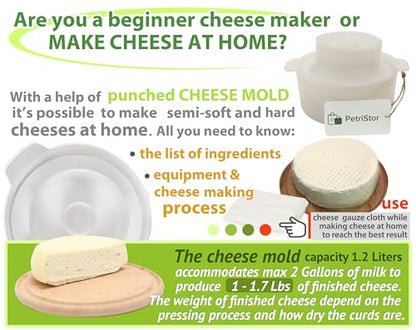 PetriStor Cheese Mold for Cheese Making Cheese with Follower Piston 1.3QT and Cheesecloth - Cheese Form Mold - Cheese Making Basket - Paneer Cheese Press Mold - Molde Para Queso