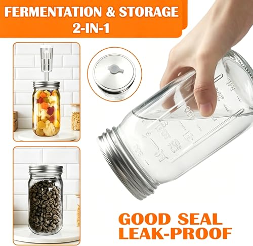 Mason Jar Fermentation Kit, 2 Pack 32oz Wide Mouth Glass Jars with Airlocks & Glass Weights – For Kimchi, Sauerkraut, Pickles, Fermenting & Canning (2)