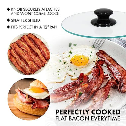 Northwest Enterprises Bacon Press, Round Tempered Glass Bacon Press and Splatter Shield, Perfectly Cooked Flat Bacon Every time! (10 Inch)