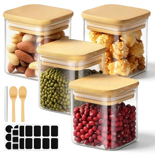 Glass Jar with Lid Set of 4, 4 Fl.oz Square Glass Storage Jars with Bamboo Lids, Clear Spice Container Seasoning Canister for Sugar Coffee Tea - Included Label Sticker, Spoon and Marker - color: 4 Pack, size: 4 fl.oz