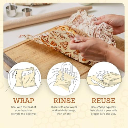 Bee's Wrap Beeswax Wraps for Bread - 2 Pack Beeswax Bread Wrap for Sourdough & Bread Storage - Plastic Free Made in USA Reusable Natural Food Wrap - Bakery Lane & Honeycomb - color: Bakery Lane + Honeycomb