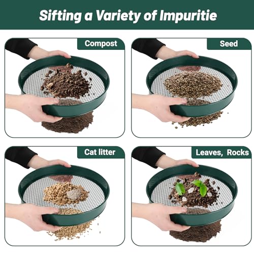 Soil Sifter for Gardening, 12" Green Soil Sifter Potting Sieve with Shovel and 4 Fine Screens for Sand Dirt, Sand, Rock, Filtration, Compost and Bonsai (5 IN1)