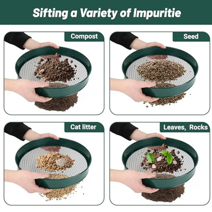 Soil Sifter for Gardening, 12" Green Soil Sifter Potting Sieve with Shovel and 4 Fine Screens for Sand Dirt, Sand, Rock, Filtration, Compost and Bonsai (5 IN1)