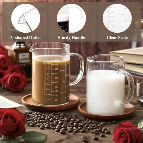 Glass Measuring Cup with Handle, 500 ML High Borosilicate Glass Three Scales (OZ, Cup, ML/CC) easuring Beaker for Kitchen or Restaurant, V-Shaped Spout Glass Measuring Beaker, Easy To Read