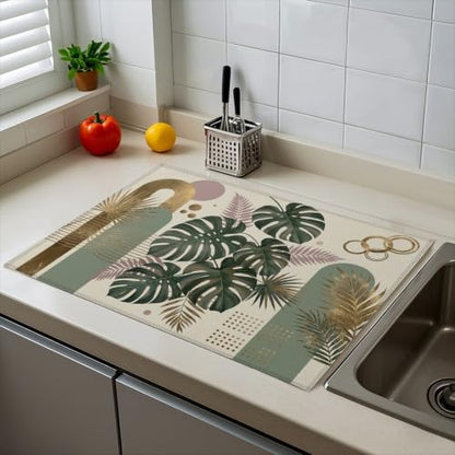 Absorbent Kitchen Dish Drying Mat Quick Dry Heat Resistant Hide Stain for Glasses Coffee Espresso Machines Pots Pans and Dish Racks,18" x 24" Boho Monstera Gold Geometric Pattern - color: Boho Monstera Gold Geometric