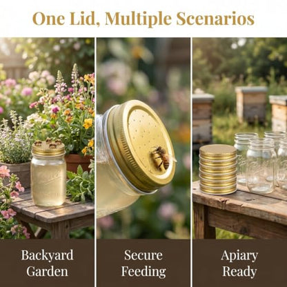 FENICAL Bee Feeder Lids for Mason Jar: 8pcs Bee Hive Entrance Feeder Lids Beehive Water and Sugar Dispenser Honeybee Beekeeping Feeding Accessories for Outdoor Beehives. 2.87 * 0.59 Inch (Gold)
