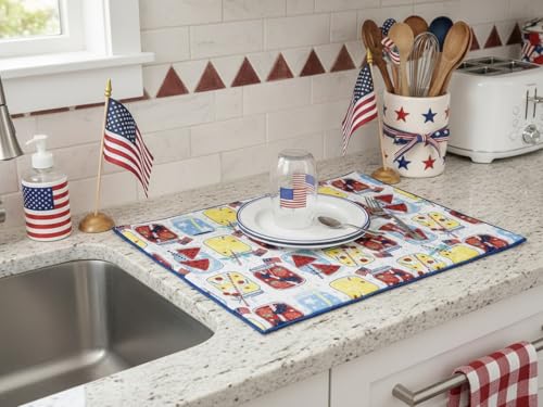 Serafina Home Patriotic Dish Drying Mat, Mason Jar Design, Red White Blue, Cotton, 15" x 20", Machine Washable, 4th of July Kitchen Décor - color: patriotic mason jars