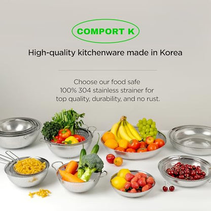 Premium 18/8 304 Stainless Steel Micro-Perforated Small and Big Colander Set of 4 with rings - 3.5-5.5-7.5-9.5 Quart Set, Self-Draining Solid Base for Pasta, Fruits, Vegetables - size: 3.5+5.5+7.5+9.5QT Colander