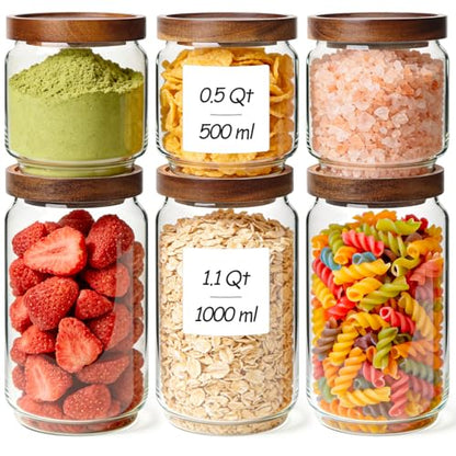 ComSaf 6PCS (1.1Qt/0.5Qt) Glass Pantry Storage Container with Acacia Wood Lid, Airtight Glass Canister with Stacked Design for Orderly Organizing, Glass Jar Organizing Dry Goods in Pantry & Cabinet - size: 1.1Qt*3 / 0.5Qt*3