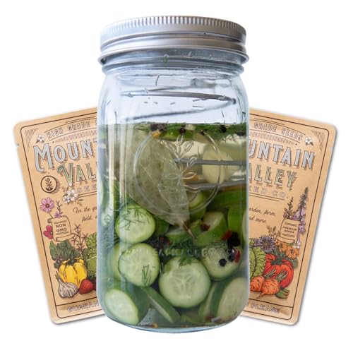 Quick Pickle Kit & Pickle Seeds - For Easy Quick Pickles & Mason Jar Fermenting - 316 Stainless Steel Pickling Lid, Weight, Quart Mason Jar, & 200+ Pickling Cucumber Seeds for Planting