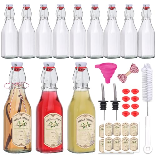 Alotpower 12 Pack 8oz Square Swing Top Glass Bottles with Airtight Lids | Flip Top Glass Bottles for Vanilla Extract,Home Brewing,Kombucha,Vinegar,beer, oda,beverages - Included Complete Brewing Kit - color: 12pack, size: 8fl.oz