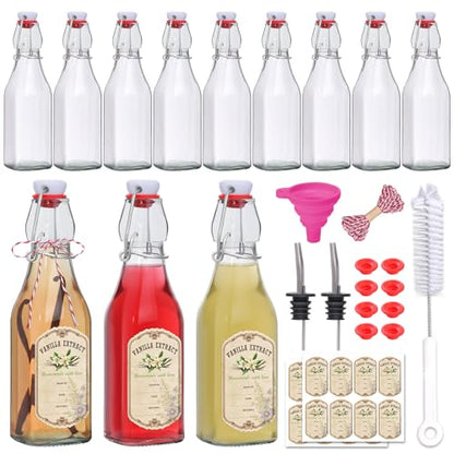Alotpower 12 Pack 8oz Square Swing Top Glass Bottles with Airtight Lids | Flip Top Glass Bottles for Vanilla Extract,Home Brewing,Kombucha,Vinegar,beer, oda,beverages - Included Complete Brewing Kit - color: 12pack, size: 8fl.oz