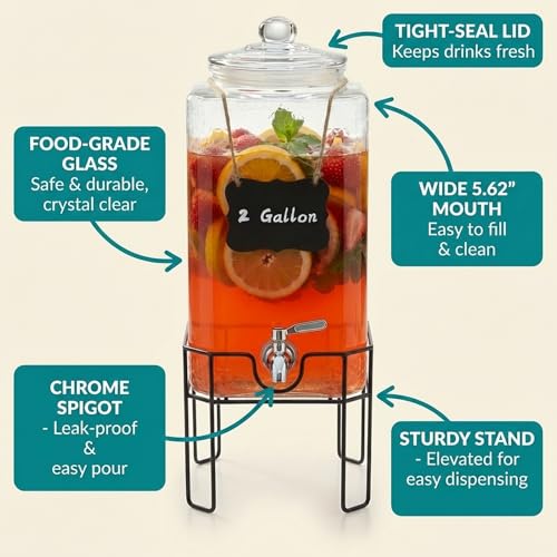 2 Gallon Glass Drink Dispenser, Drink Dispensers for Parties, Beverage Dispenser with Stand and Glass Lid, 100% Leakproof Spigot, Ideal for Lemonade, Juice, Laundry Detergent Dispenser - size: 2 Gallon