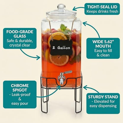 2 Gallon Glass Drink Dispenser, Drink Dispensers for Parties, Beverage Dispenser with Stand and Glass Lid, 100% Leakproof Spigot, Ideal for Lemonade, Juice, Laundry Detergent Dispenser - size: 2 Gallon