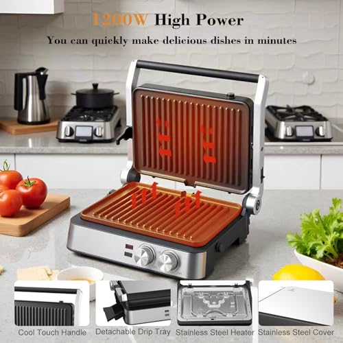 Panini Press,4 Slices Contact Grill with Removable Non-Stick Coated Grill and Flat Plates,Panini Makers with Temperature Control and Timer,Open 180 Degrees,Grill and Griddle (Silver wtih Full SUS) - color: Silver wtih Full SUS