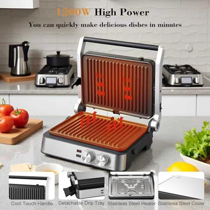 Panini Press,4 Slices Contact Grill with Removable Non-Stick Coated Grill and Flat Plates,Panini Makers with Temperature Control and Timer,Open 180 Degrees,Grill and Griddle (Silver wtih Full SUS) - color: Silver wtih Full SUS