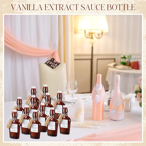 12 Set Swing Top Glass Flask Homemade Vanilla Extract Bottles with Stoppers Stickers Jar Brush Funnel Rope Labels Bottle for Holiday DIY Crafts Christmas Wedding Gifts (Amber,16.6oz) - size: 16.6oz