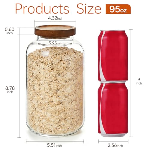 2-Pack Large Glass Flour and Sugar Storage Containers, 95 oz / 2800 ml Airtight Glass Jars with Wooden Lids, Clean & Elegant Canisters for Storing Rice, Pasta, Oats, Candy, Cookies and More - size: Large