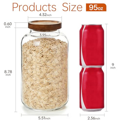 2-Pack Large Glass Flour and Sugar Storage Containers, 95 oz / 2800 ml Airtight Glass Jars with Wooden Lids, Clean & Elegant Canisters for Storing Rice, Pasta, Oats, Candy, Cookies and More - size: Large
