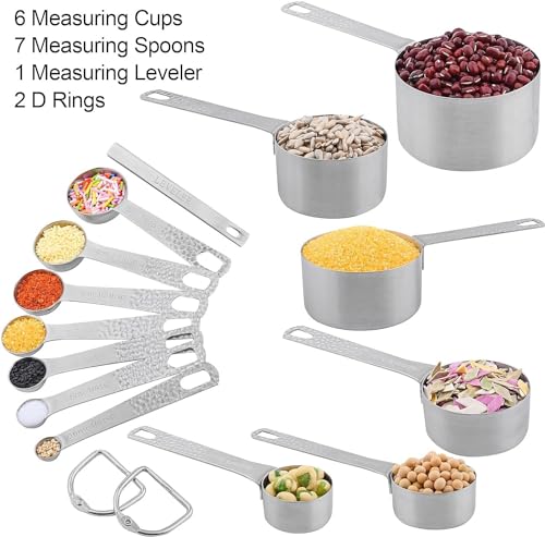 Measuring Cups and Spoons Set 14, Metric & US 18/8 Stainless Steel Measuring Cups and Spoons Set, Dry & Liquid Metal 6 Measure Cups & 7 Measure Spoons w/Leveler for Kitchen & Baking - color: Siliver