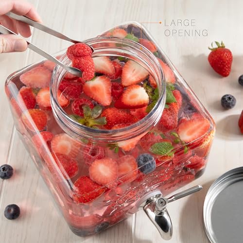 Glass Drink Dispenser for Fridge - Stainless Steel Spigot Mason Jar Dispenser with Wide Opening & Easy-Fill - Beverage Storage for Outdoor, Water, Iced Tea, Juice, Sangria & Detergent, 1 GALLON