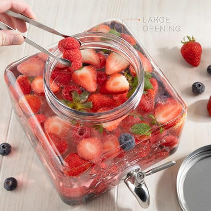 Glass Drink Dispenser for Fridge - Stainless Steel Spigot Mason Jar Dispenser with Wide Opening & Easy-Fill - Beverage Storage for Outdoor, Water, Iced Tea, Juice, Sangria & Detergent, 1 GALLON