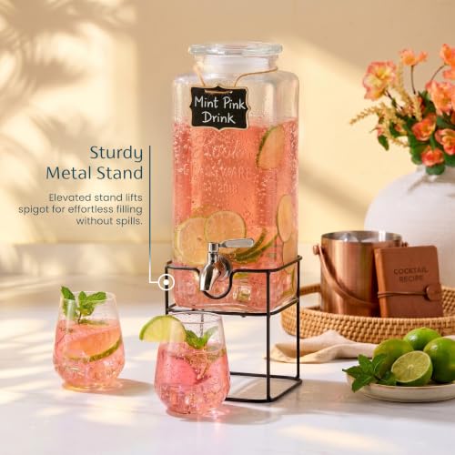 Kook Glass Drink Dispenser, with Stand, 1 Gallon, Serves 15 Cups, Leak-Proof Stainless Steel Spigot, Beverage Storage for Fridge, for Water, Iced Tea, Sangria, Lemonade, 1 Gallon - size: 1 Gallon with stand