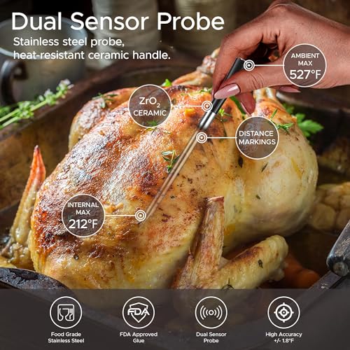 Smart Wireless Meat Thermometer Digital, Bluetooth Meat Thermometer Wireless with Dual High-Accuracy Sensors, Instant Read LCD & App Control for Kitchen BBQ Grill Smoker Air Fryer