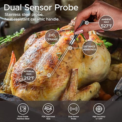 Smart Wireless Meat Thermometer Digital, Bluetooth Meat Thermometer Wireless with Dual High-Accuracy Sensors, Instant Read LCD & App Control for Kitchen BBQ Grill Smoker Air Fryer