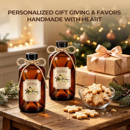 8 Pack 16oz Amber Glass Bottles with Caps and Labels - Large Boston Round Syrup Bottles for Elderberry, Liquid Supplements, Kombucha & Vanilla Extract - Airtight & Leakproof Apothecary Bottles