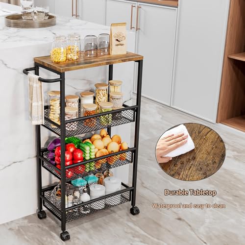 AZERPIAN Slim Rolling Cart 4 Tier Narrow Storage Cart on Wheels with MDF Board Top and Metal Handle for Small Space Kitchen Living Room Bathroom Laundry Room (16.38 x 9.06 x 30.31inch) - size: 16.38 x 9.06 x 30.31 inch