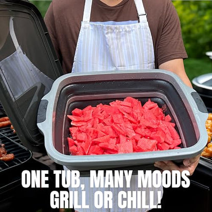 Collapsible Large (8L) BBQ Marinating Tub w/ Cutting Board | Multipurpose Food-Grade TPE Prep Tub w/ Lid | Built-In Colander & Drain Plug - For Camping | Tailgate | Picnic - Slate Black - size: Large