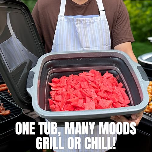 Collapsible X-Large (16L) BBQ Marinating Tub w/ Cutting Board | Multipurpose Food-Grade TPE Prep Tub w/ Lid | Built-In Colander & Drain Plug - For Camping | Tailgate | Picnic - Slate Black - size: X-Large