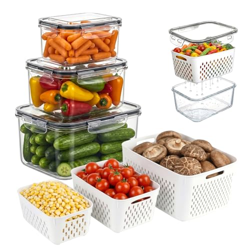 Vegetable Containers for Fridge, Stay Fresh Fruit Vegetable Storage Containers with Lid and Removable Colander, Stackable Vegetable Storage for Berry Salad Lettuce Vegetables Meat Various Food, 3PCS
