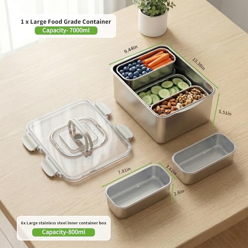Family Size 304 Stainless Steel Food Storage with 6 Divided Compartments & Individual Lids – 240oz Meal Prep Container for Roasting Turkey, Bread, Fruits – Oven Safe, BPA Free, Dishwasher Safe - size: 7000ml + 6 Small Containers Set