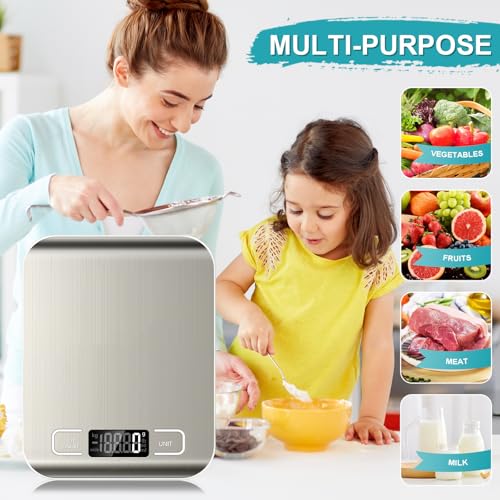 Food Scale, 11lb Kitchen Scale with 6 Units Tare Function & LCD Display, 0.05oz/1g Stainless Steel Digital Food Scale Grams and Ounces for Baking, Cooking, Dieting and Meal Prep (Batteries Included) - color: Silver