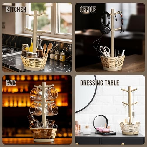 Wood Mug Holder Tree with Woven Basket, 4 Hooks Coffee Mug Holder, Countertop Mug Tree for Kitchen Counter Cabinet Coffee Bar Accessories Cup Display Organizer Hanger(Brown) - color: Brown