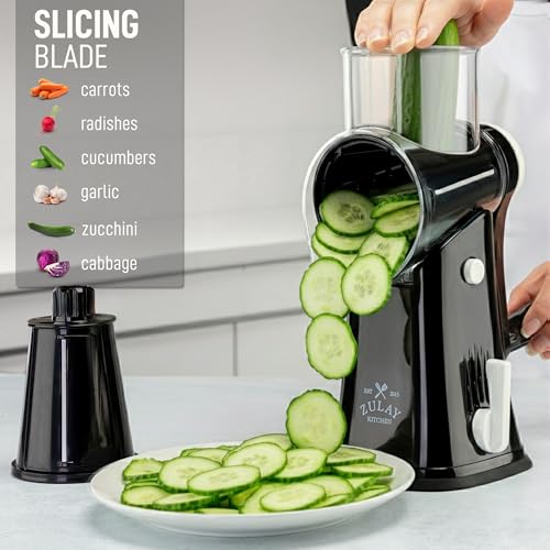Zulay Kitchen Rotary Cheese Grater 5 Blade Cheese Shredder - Manual Hand Crank Cheese Grater With Reinforced Suction & 5 Interchangeable Drums - Easy to Use, Vegetable Chopper Round Mandoline Slicer - color: Black