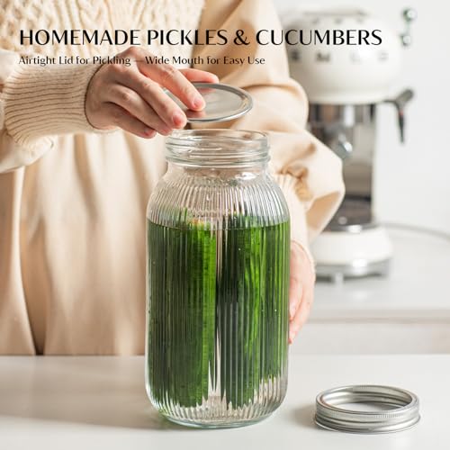INSETLAN 64 oz Wide Mouth Glass Mason Jars, Set of 2, Ribbed Canning Jars for Sourdough Starter, Pickling, Fermentation, Sun Tea & Pantry Storage, Refrigerator Safe