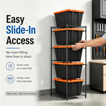 5-Tier Tote Storage Rack for 27 Gallon Bins, Metal Storage Bin Rack Organizer System, Wire Storage Shelving Unit for 18-20.6" Lid Width Totes, 250 lb Capacity, Garage Pantry Basement, Rack Only (1)