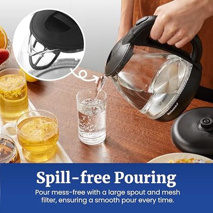Elite Gourmet EKT1001B Electric 1.0L BPA-Free 1100W Glass Kettle Cordless 360° Base, Stylish Blue LED Interior, Handy Auto Shut-Off Function – Quickly Boil Water For Tea & More, Graphite Black - size: 1.1 Quarts