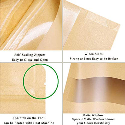SumDirect Kraft Stand Up Pouches - 50Pcs Resealable Kraft Paper Stand Up Bags with Window, Zipper Disposable Food Storage Bags for Home or Business (50, 5.5x7.8inch) - size: 5.5x7.8inch