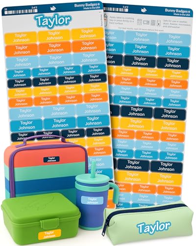Bunny Badges Personalized Daycare Name Labels for Kids (120 Labels) Custom Label for Clothing Tag - Waterproof Name Stickers for Clothing Tags, Bottles, Backpacks and School Supplies (Sunwave) - color: Sunwave