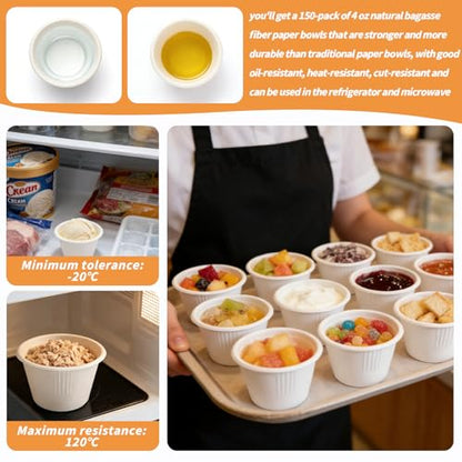 LeonBach 150 Pack 4oz Natural Bagasse Fiber Sauce Cups, Compostable Small Disposable Paper Dipping Bowls Biodegradable Condiment Portion Sample Snack Charcuterie Serving Tasting Cups, White - color: White, style: 4oz-150 Pack