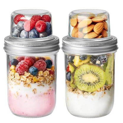 ComSaf Overnight Oats Containers with Lids, 16 oz Glass Mason Jars, 2 Pack | Dual-Layer Design, Yogurt Parfaits, Chia Pudding, Cereal, Fruit and Nuts, Reusable Breakfast Prep - size: 20oz Overnight Oats Cups