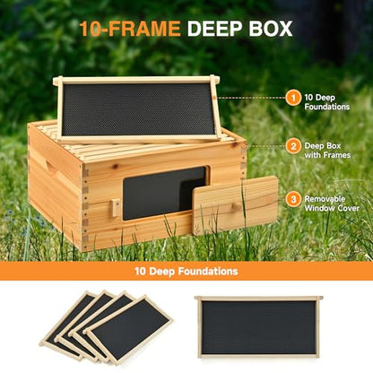 CREWORKS 10 Frame Bee Hive Box, Langstroth Beehive Deep Box with Frames & Foundations, Beeswax Coated Brood Bee Box for Bee Keeper, Beekeeping Supplies with Transparent Acrylic Window - style: 1 Layer